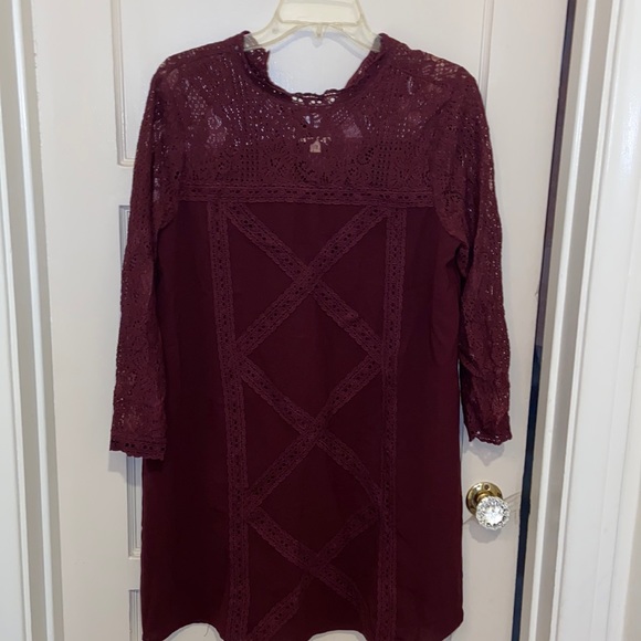 Anthropologie ENTRO Burgundy Crochet Lace Tunic DRESS SZ L HOLIDAY BOHO - Picture 5 of 15